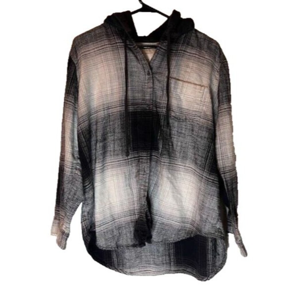 American Eagle Men's Hoodie M Button Up Lng Slv White Black Plaid Grunge Hipster